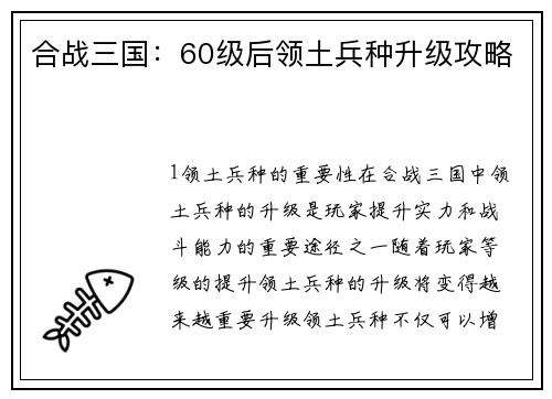 合战三国：60级后领土兵种升级攻略