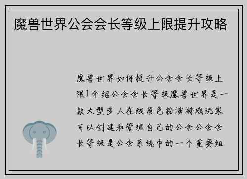 魔兽世界公会会长等级上限提升攻略